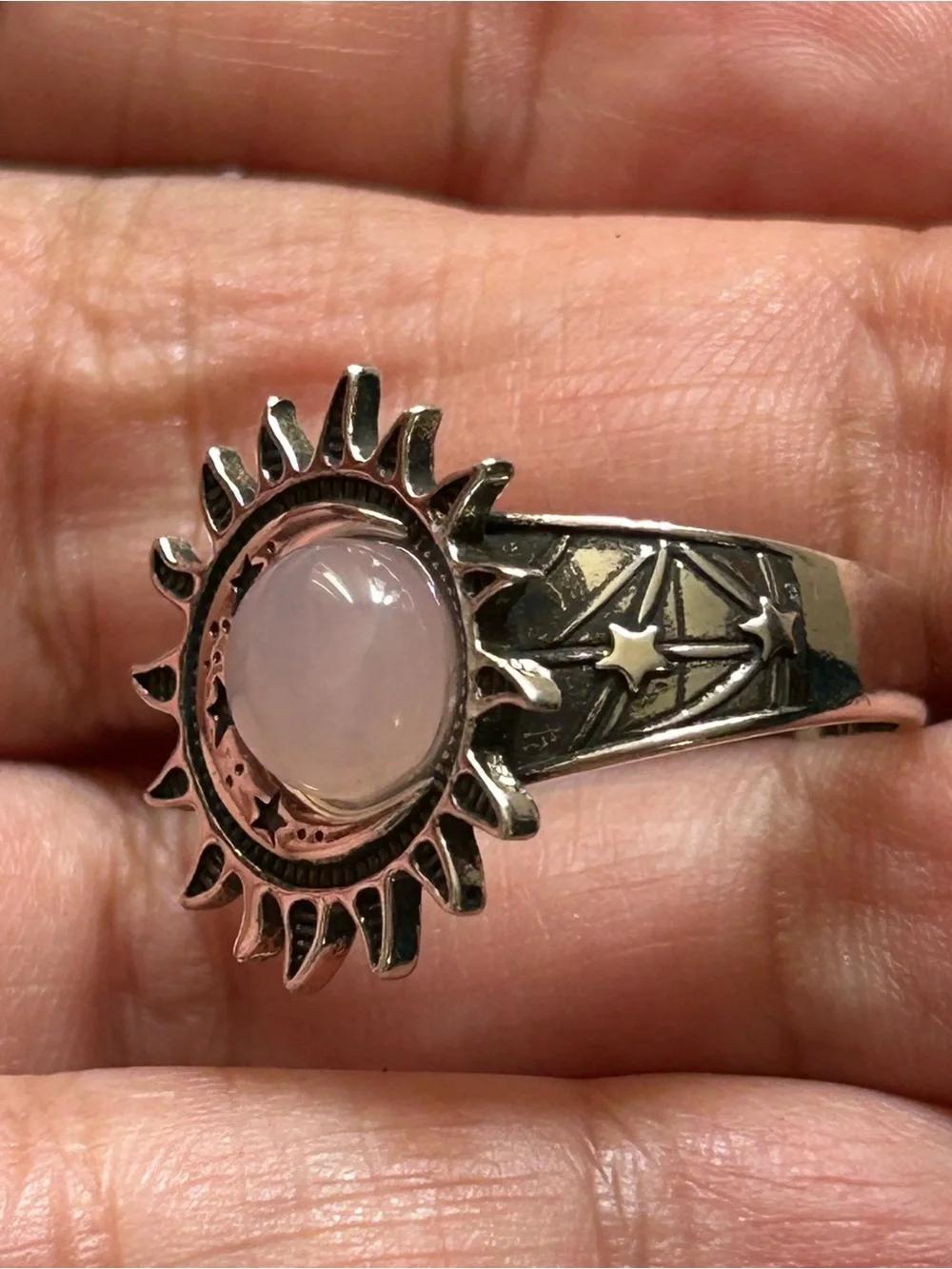 Pink Rose Quartz Crystal S925 Silver Sun Moon Stars Celestial Ring New Jewelry